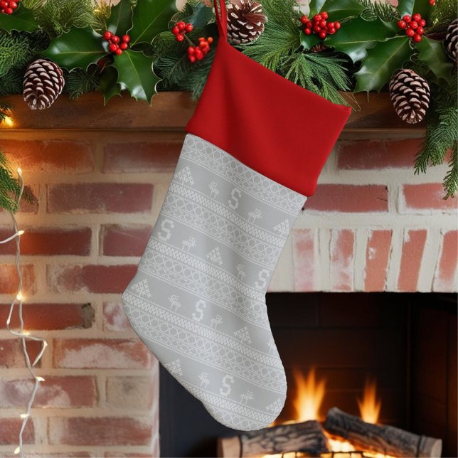 Nordic Reindeer Monogram Gray Christmas Stocking (Great for Scandinavian theme Christmas fireplaces, just add your initials)