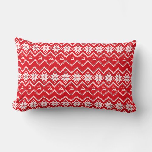 Nordic Reindeer Pattern on Red and White Lumbar Pillow