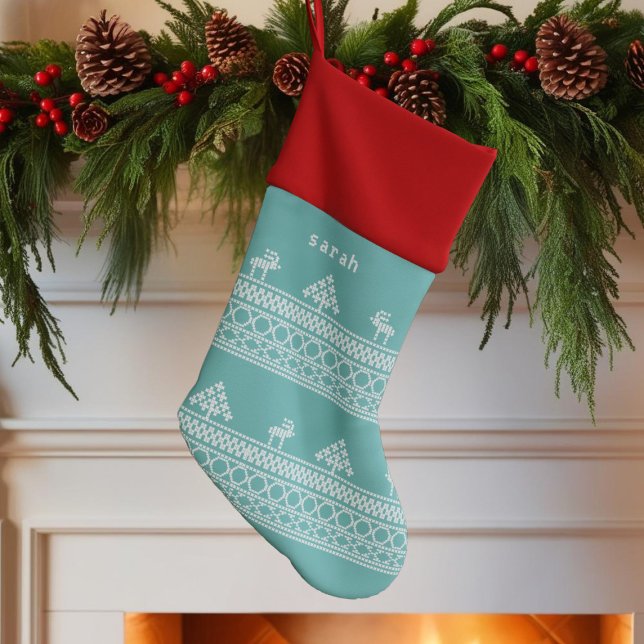 Nordic Reindeer Pattern Teal Christmas Stocking (If you love scandi style, this is the christmas stocking just for you)