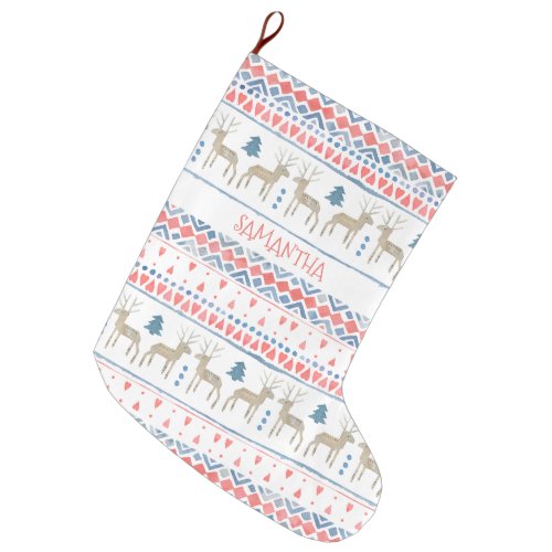 Nordic Reindeer Scandinavian Fairisle Personalized Large Christmas Stocking