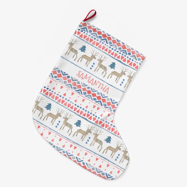 Nordic Reindeer Scandinavian Fairisle Personalized Large Christmas Stocking (Front (Hanging))