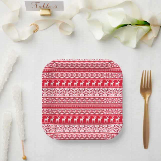 Nordic Reindeer Ugly Christmas Sweater Party Paper Plates (Wedding)