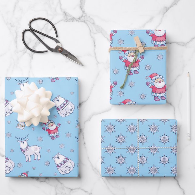 Nordic Santa and Animals Pattern on Blue Wrapping Paper Sheets (Front)