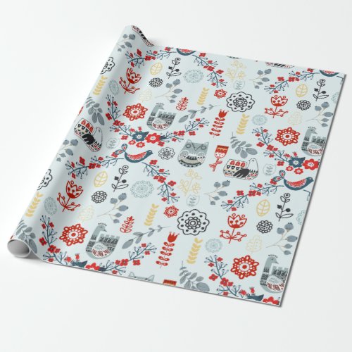 Nordic Scandi Folk Art Birds Plants Flowers Red Wrapping Paper