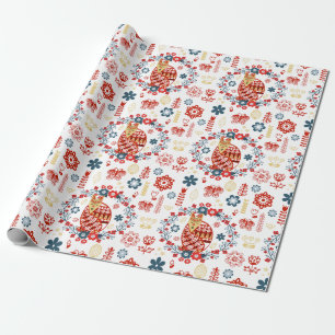 Nordic Scandi Folk Art Woodland Red Fox Flowers Wrapping Paper