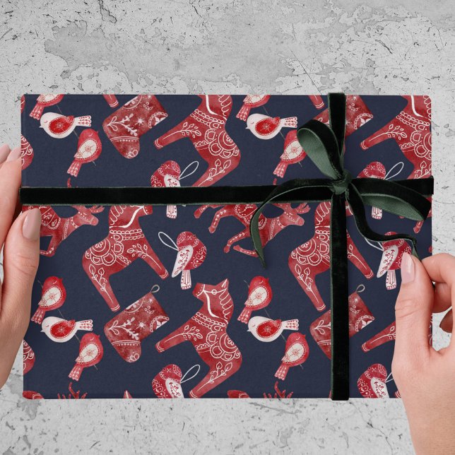 Nordic Scandi Pattern Folk Dala Horse Christmas  Wrapping Paper (Creator Uploaded)