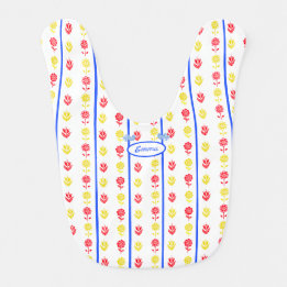 Nordic Scandi Red Yellow Flowers Blue Birds Baby Bib
