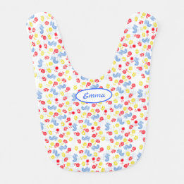 Nordic Scandi Red Yellow Flowers Blue Birds Baby Bib