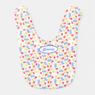 Nordic Scandi Red Yellow Flowers Blue Birds Baby Bib