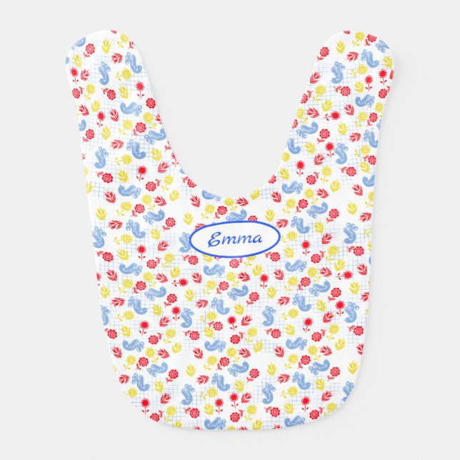 Nordic Scandi Red Yellow Flowers Blue Birds Baby Bib (Front)