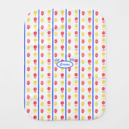 Nordic Scandi Red Yellow Flowers Blue Birds Baby Burp Cloth