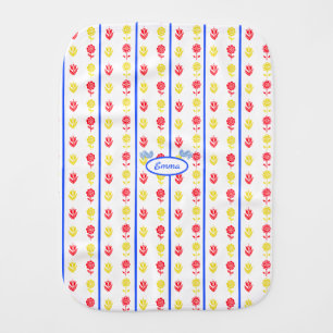 Nordic Scandi Red Yellow Flowers Blue Birds Baby Burp Cloth
