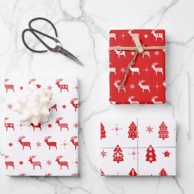 Nordic Scandinavian Reindeer Christmas  Wrapping Paper Sheets (Front)