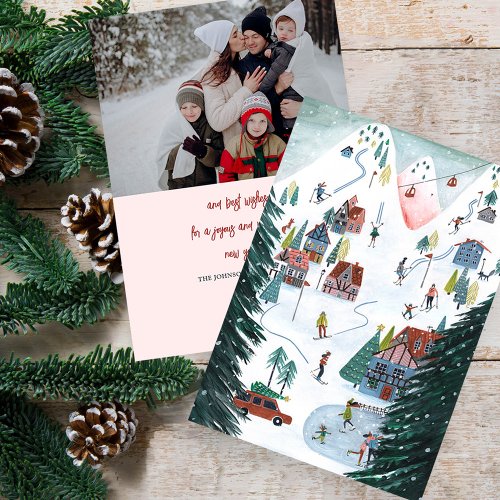 Nordic ski lodge skating Christmas Family Photo Holiday Card