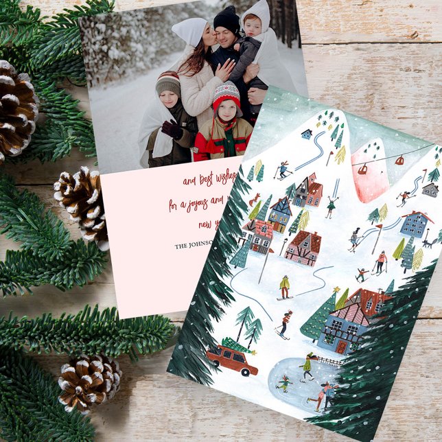 Nordic ski lodge skating Christmas Family Photo Holiday Card (Nordic ski lodge skating Christmas Family Photo Holiday Card)