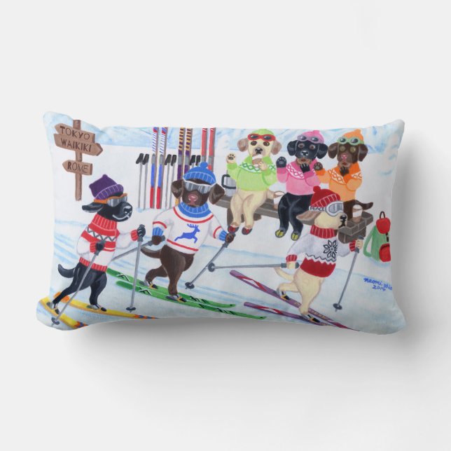 Nordic Skiing Labradors Painting Lumbar Pillow (Front)