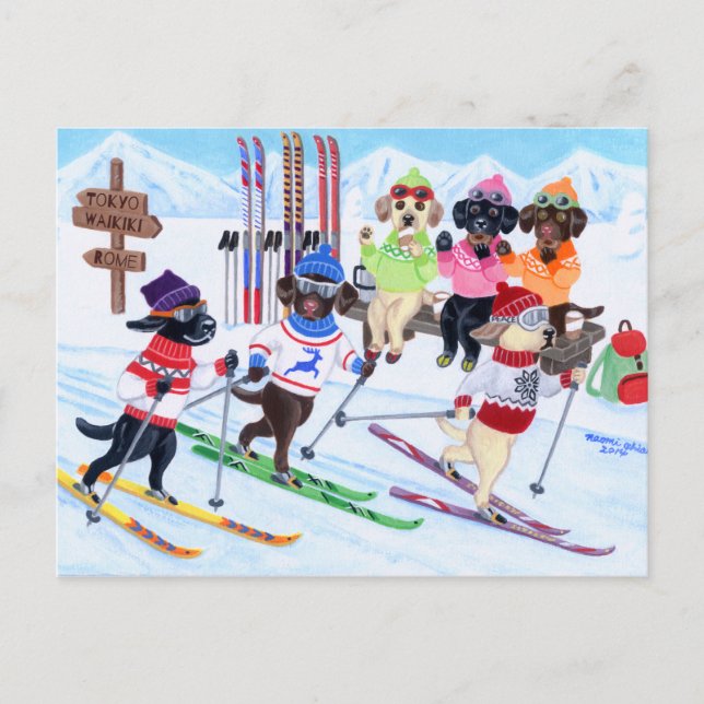 Nordic Skiing Labradors Painting Postcard (Front)