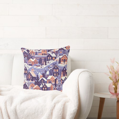 Nordic Snow Winter Town Patter_Purple Orange Blue Throw Pillow