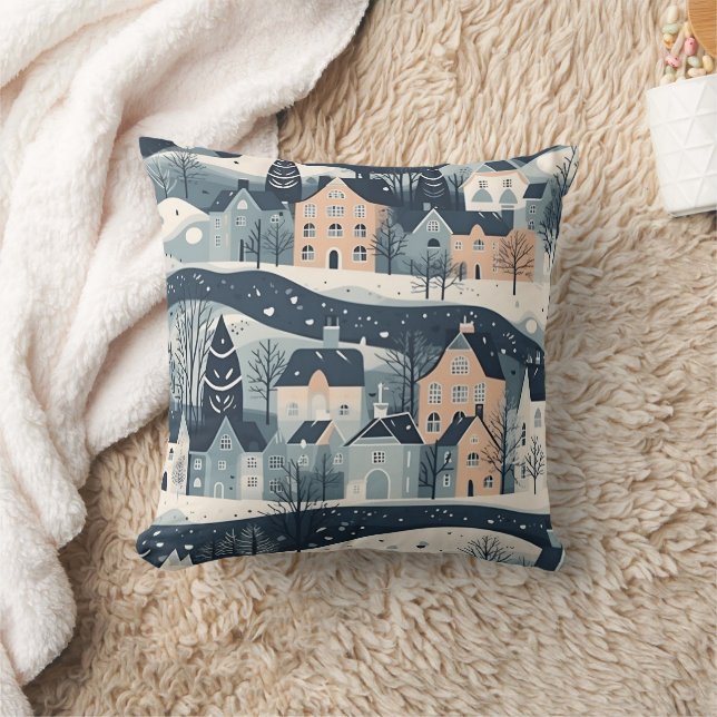 Nordic Snow Winter Town Pattern Throw Pillow (Blanket)