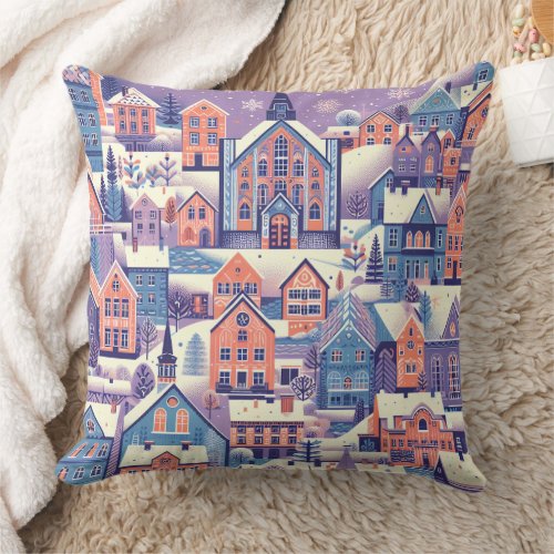 Nordic Snow Winter Town Pattern  Throw Pillow
