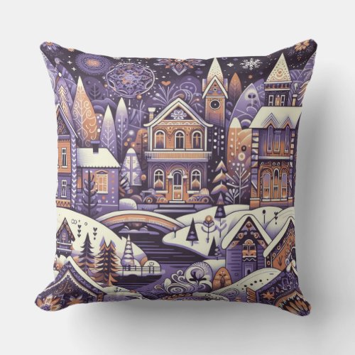 Nordic Snow Winter Town Seamless Pattern Throw Pillow