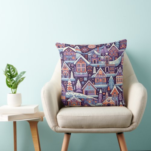 Nordic Snow Winter Town Seamless Pattern  Throw Pillow