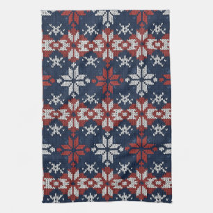Nordic Snowflake Knit Pattern in Navy, Red, White Kitchen Towel