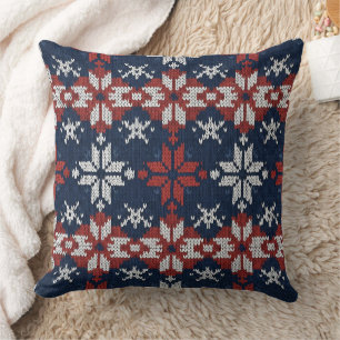 Nordic Snowflake Knit Pattern in Navy, Red, White Throw Pillow