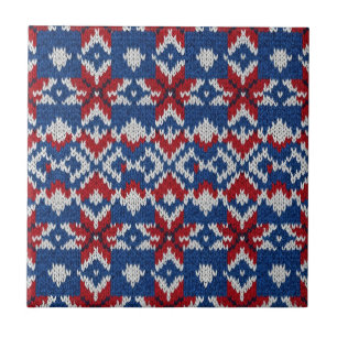 Nordic Snowflake Knit Pattern - Navy, Red, White 2 Ceramic Tile