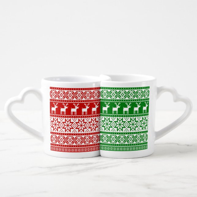 Nordic Snowflake Reindeer Ugly Christmas Sweater Coffee Mug Set (Front Nesting)