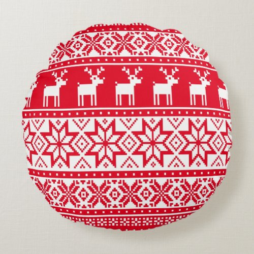 Nordic Snowflake Reindeer Ugly Christmas Sweater Round Pillow