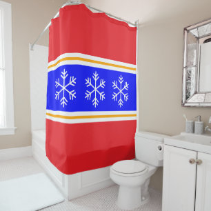 Nordic Snowflakes Bright Red Royal Blue Stripes Shower Curtain