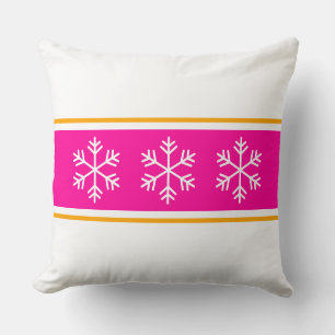 Nordic Snowflakes Peppermint Pink White Stripes Throw Pillow