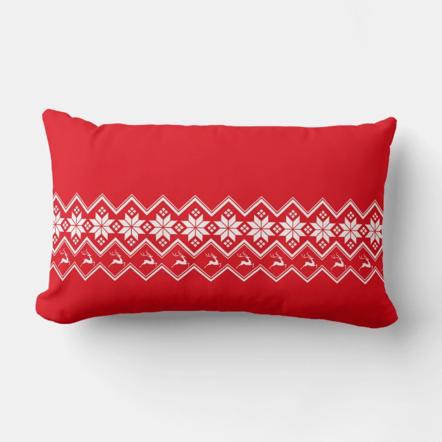 Nordic Snowflakes & Reindeers on Red and White Lumbar Pillow (Front)