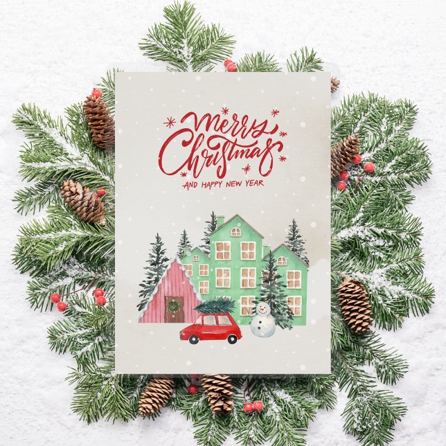 Nordic Snowy House and Red Car Christmas Holiday Card (Creator Uploaded)
