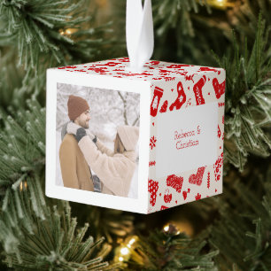 Nordic Stocking Scandinavian Pattern Personalized Cube Ornament