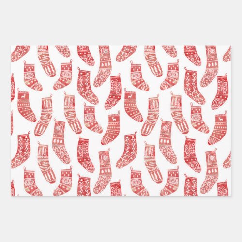 Nordic Stockings Red and White Wrapping Paper Sheets