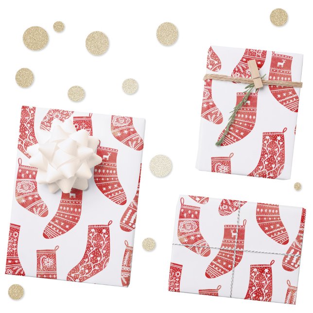 Nordic Stockings Red and White Wrapping Paper Sheets (Nordic stockings red and white Scandinavian Christmas pattern gift wrapping paper )