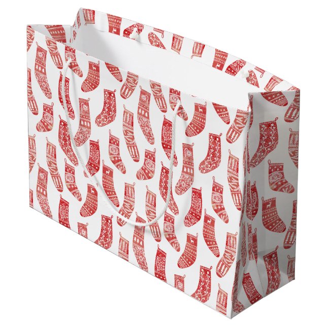 Nordic Stockings Scandinavian Christmas Red White Large Gift Bag (Back Angled)