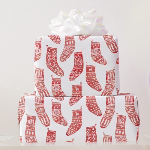 Nordic Stockings Scandinavian Christmas Red White Wrapping Paper