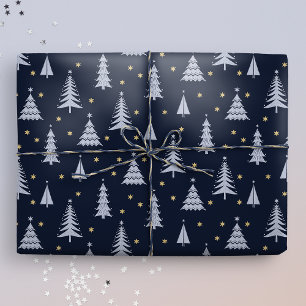 Nordic Stone Blue-Gray Christmas Trees Dark Wrapping Paper