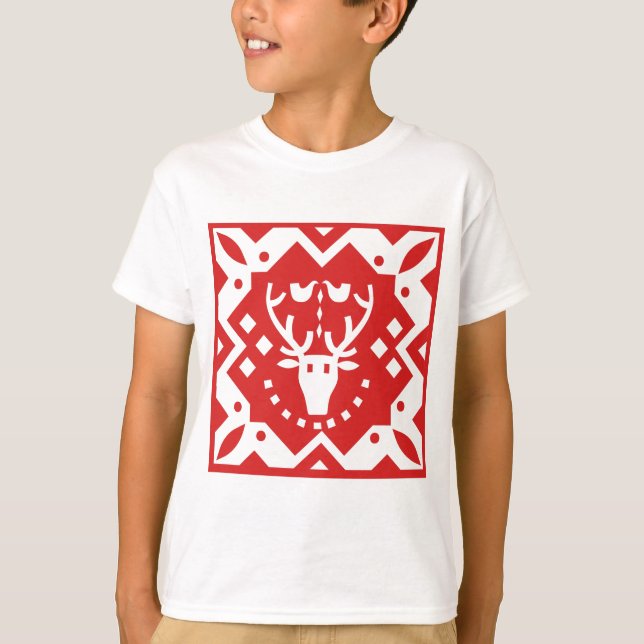 Nordic Style Christmas Holiday Reindeer Red T-Shirt (Front)