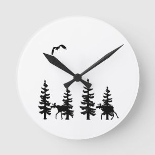 Nordic style pine trees silhouettes moose in black round clock