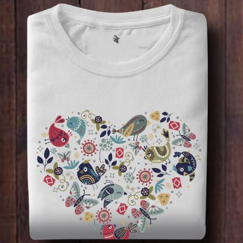 Nordic Style With Birds Flowers and Butterflies T_Shirt