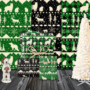 Nordic Sweater Beige Green Plaid Winter Animals Wrapping Paper Sheets
