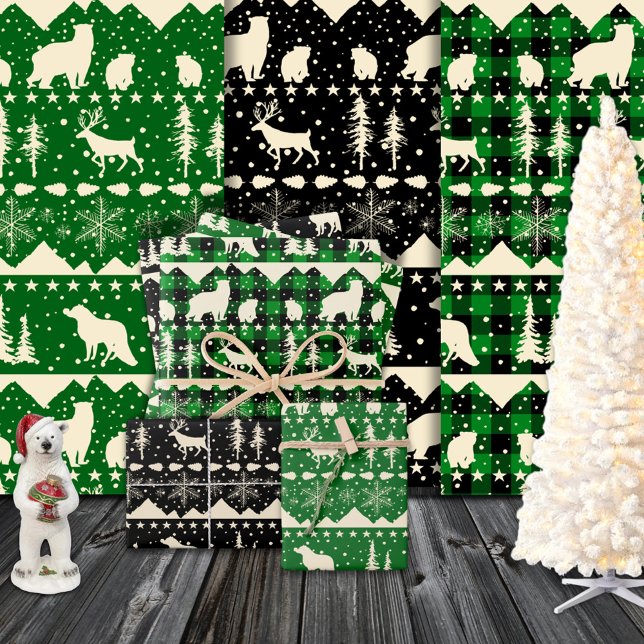 Nordic Sweater Beige Green Plaid Winter Animals Wrapping Paper Sheets (Nordic Sweater Beige Green Plaid Winter Animals Wrapping Paper Sheets)