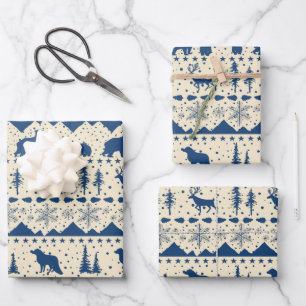 Nordic Sweater Beige Navy Blue Winter Animals Wrapping Paper Sheets