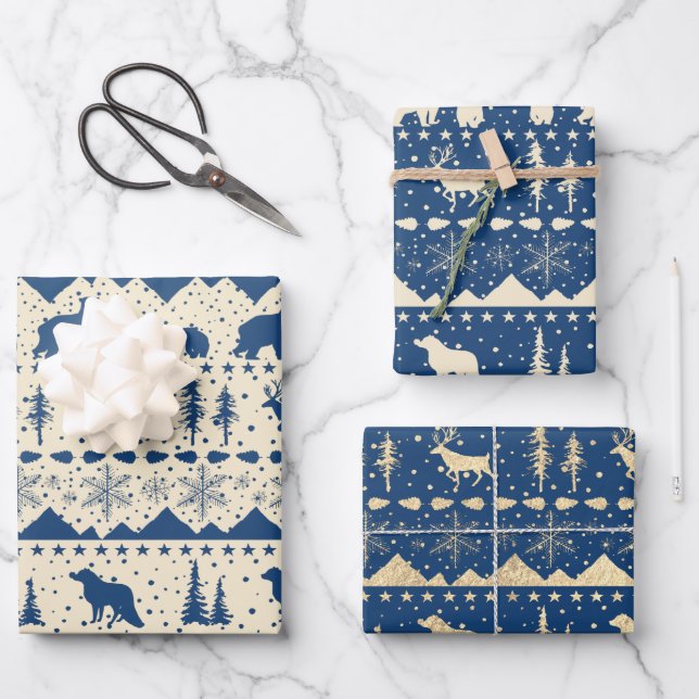 Nordic Sweater Beige Navy & Gold Winter Animals Wrapping Paper Sheets (Front)