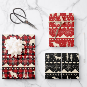 Nordic Sweater Beige Red Plaid Winter Animals Wrapping Paper Sheets
