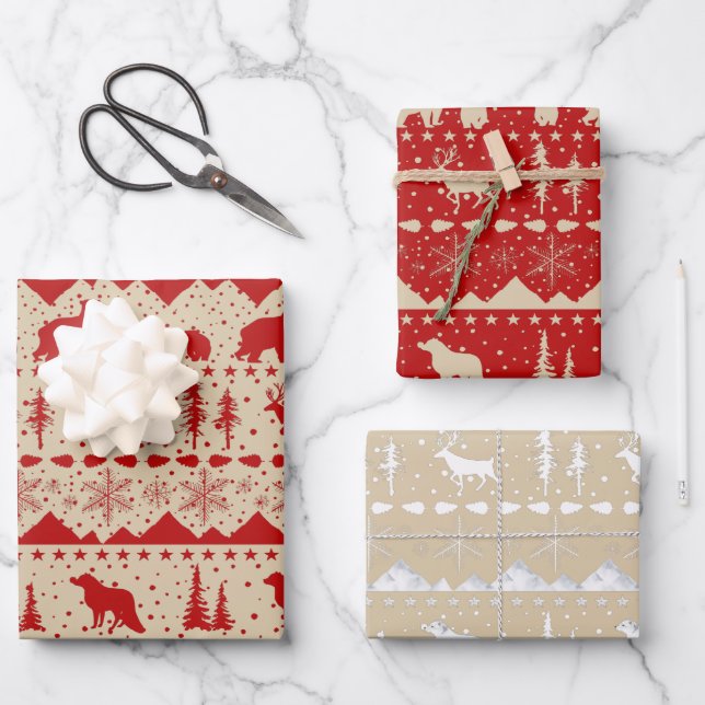 Nordic Sweater Beige Red White Winter Animals Wrapping Paper Sheets (Front)